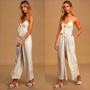 WILLOW Cindy Beige Striped Tie-Front Wide-Leg Jumpsuit